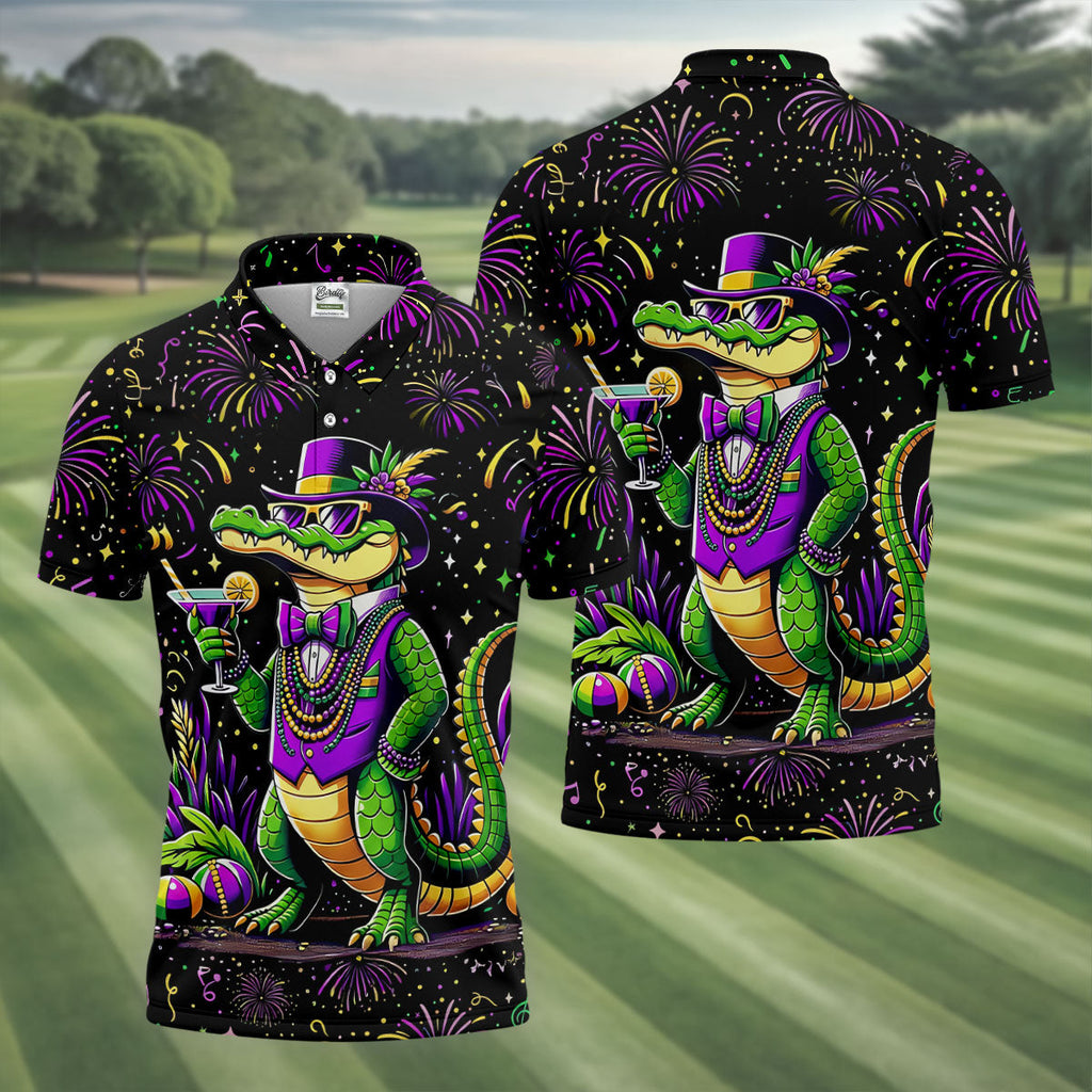 Mardi Gras Aligator Purple Green Gold Confetti Star Golf Tops For Men, Polo Shirts For Men, Golf Shirts For Men