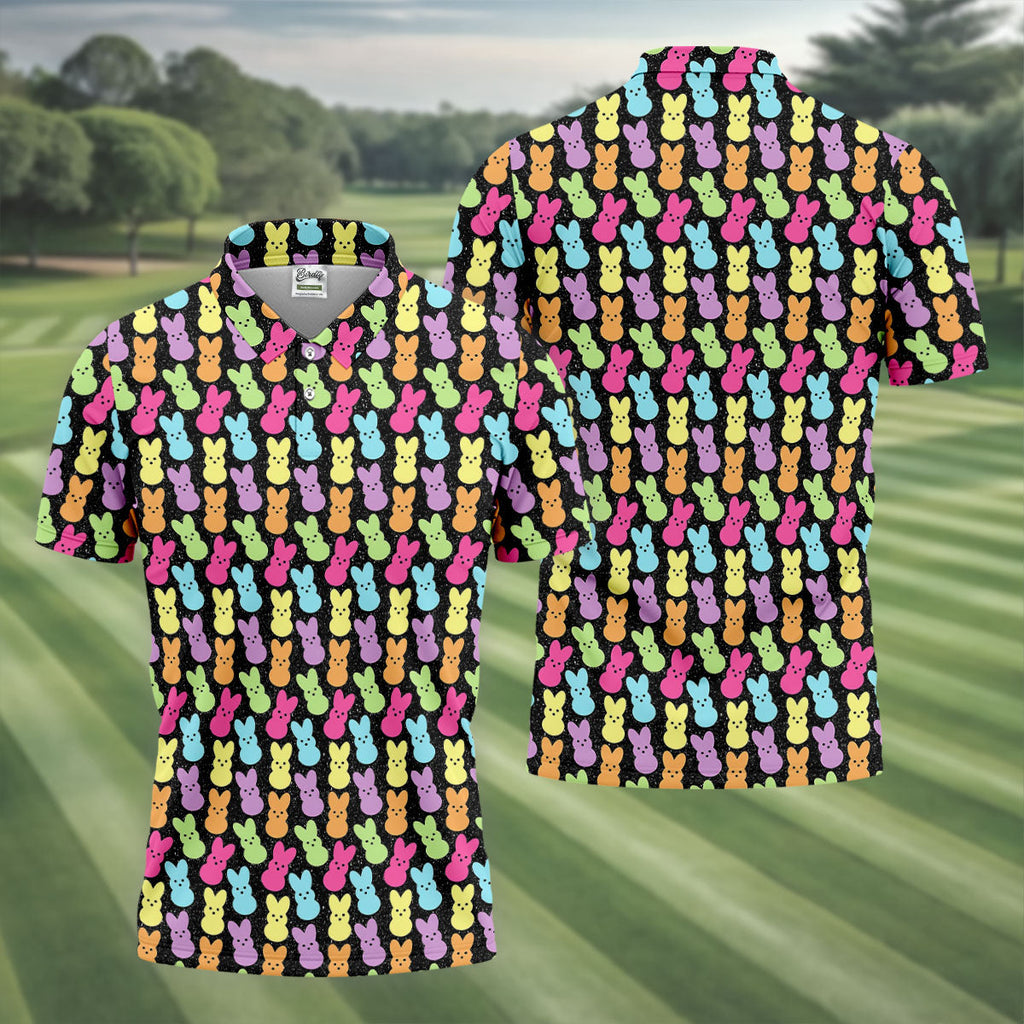 Colorful Easter Peeps Black Golf Shirt, Golf Shirts For Men, Cute Golf Outfit, Polo Shirts For Men