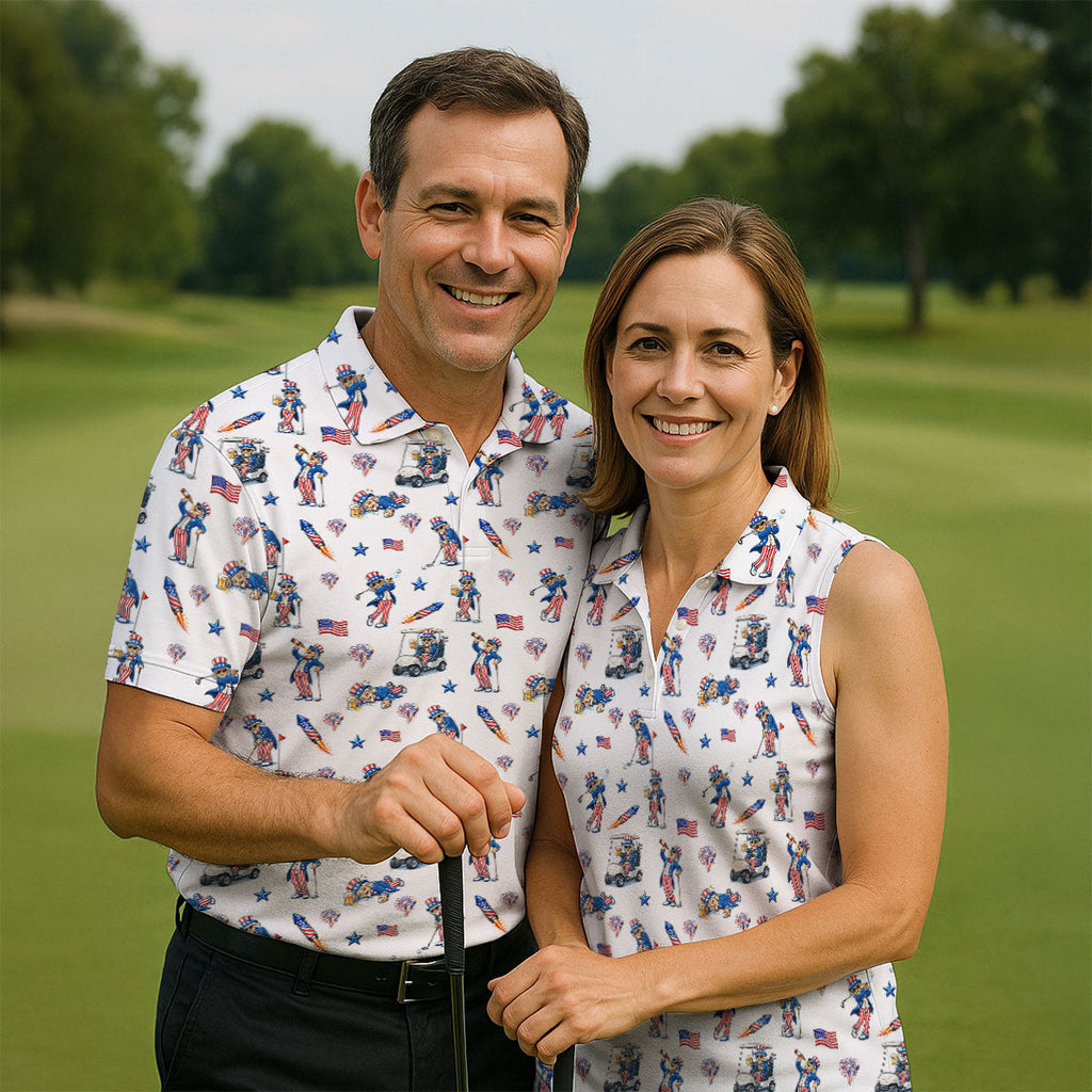 Patriotic Man Golf And Beer Funny 4th Of July White Golf Shirt, 250 Years Seamless Pattern Golf Shirts For Men