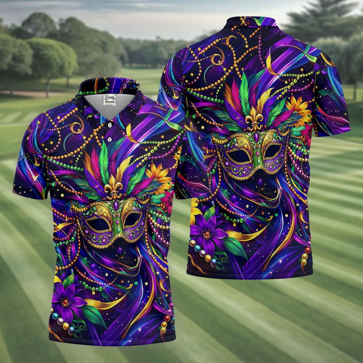 Mardi Gras Beads Ribbons Feather Masquerade Mask Print Golf Shirt, Golf Polo Shirts, Golf Tops For Men
