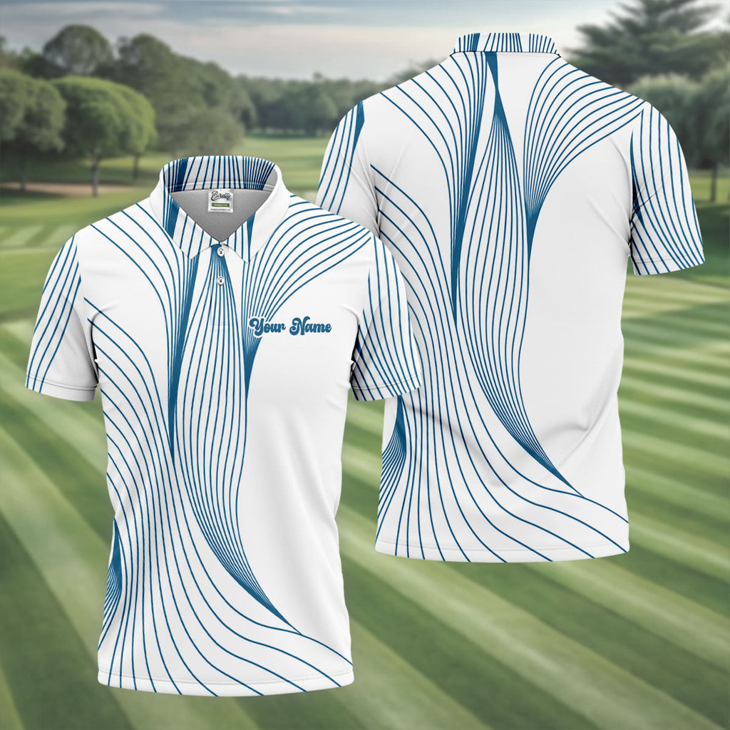 Geometric Line Wavy Line Blue And White Custom Name Golf Shirts For Men, Men's Golf Shirt, Polo Shirts For Men