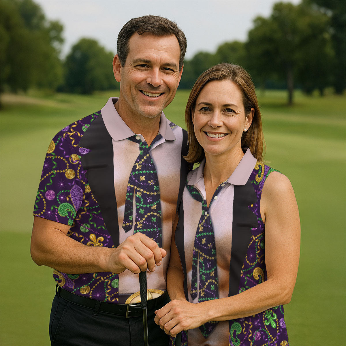 Mardi Gras Purple Green Gold Fleur De Lis Funny Costume Golf Shirts For Men, Men's Funny Golf Shirts