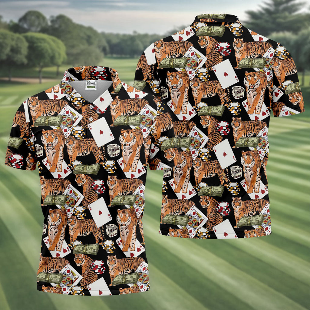 Money Tiger Poker Dice Chips And Cards Hawaiian Golf Shirt, Men's Funny Golf Shirts