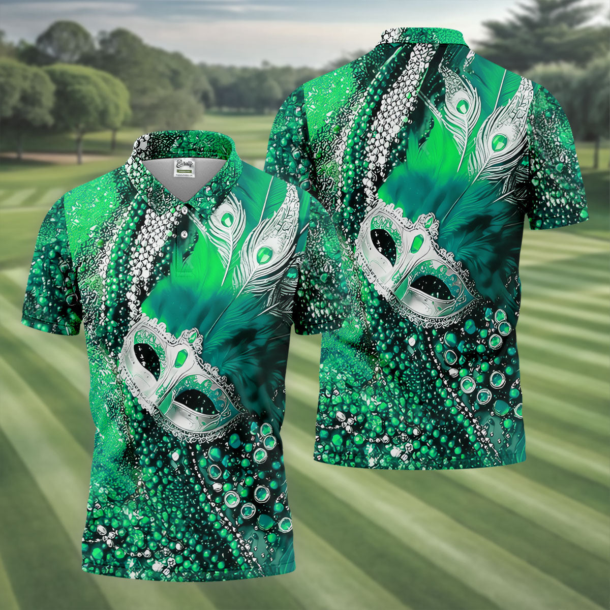 Mardi Gras Masquerade Mask Feather Beads Green Golf Shirt, Polo Shirts For Men, Golf Shirts For Men