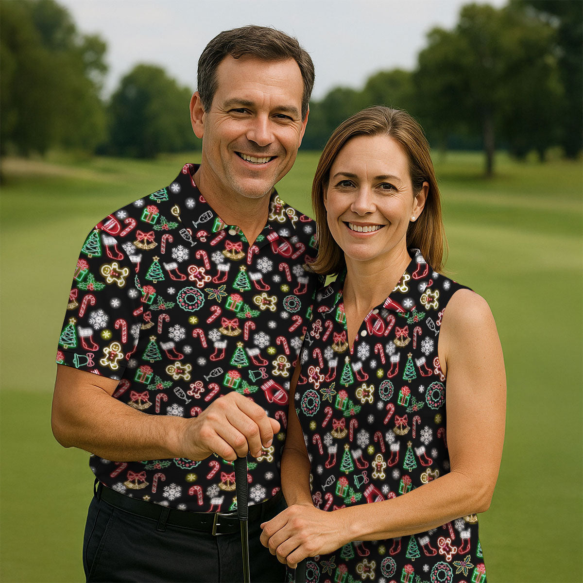 Neon Christmas Pattern Black Golf Polo Shirt, Fun Men's Golf Polos, Christmas Golf Gift, Golfing Apparel