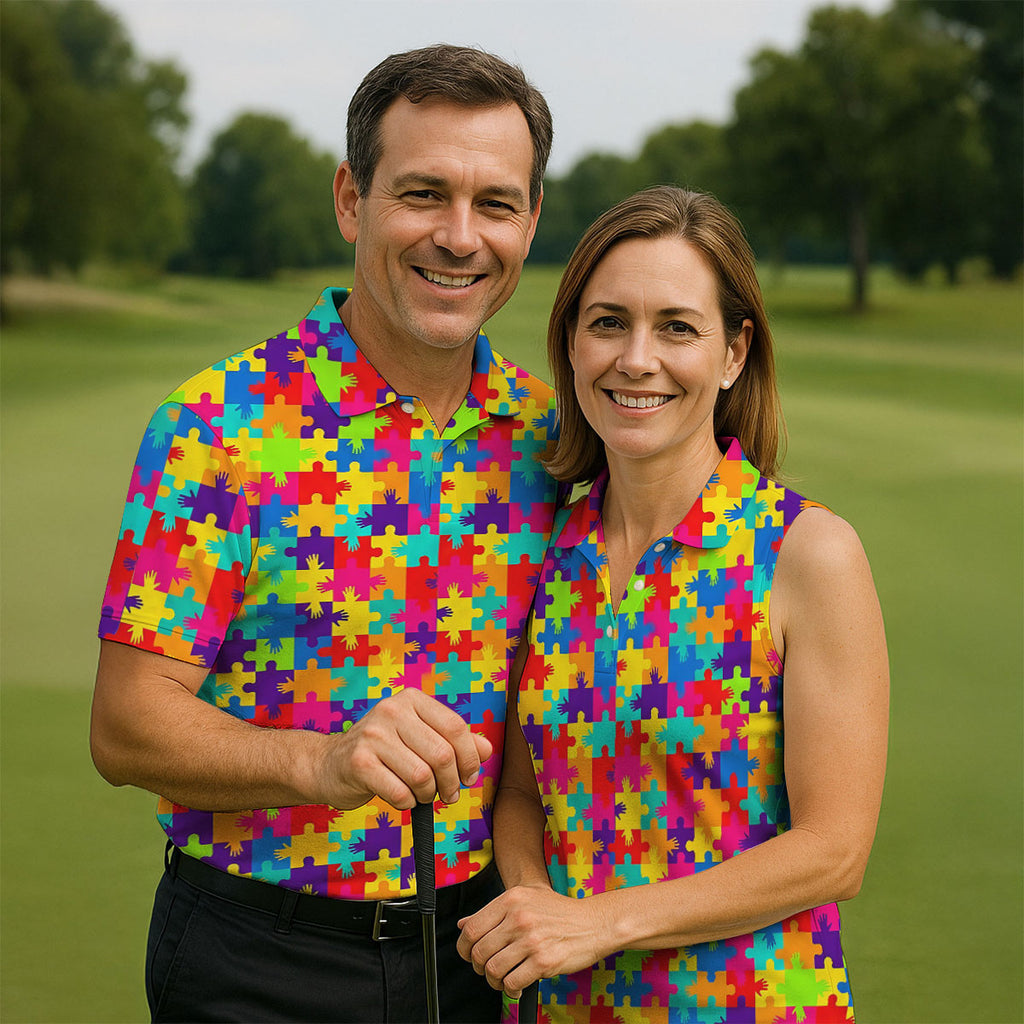 Colorful Handprints Autism Awareness Puzzle Golf Tops For Men, Polo Shirts For Men, Golf Shirts For Men