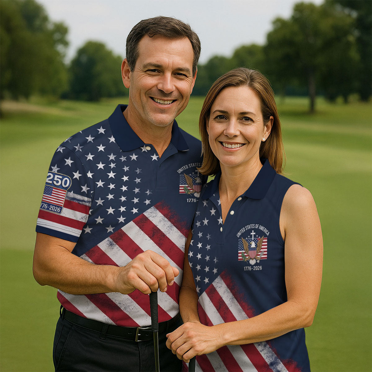 US Bald Eagle Distressed Flag 250 Faith Cross Golf Tops For Men, Patriotic 4th Of July Golf Shirts For Men