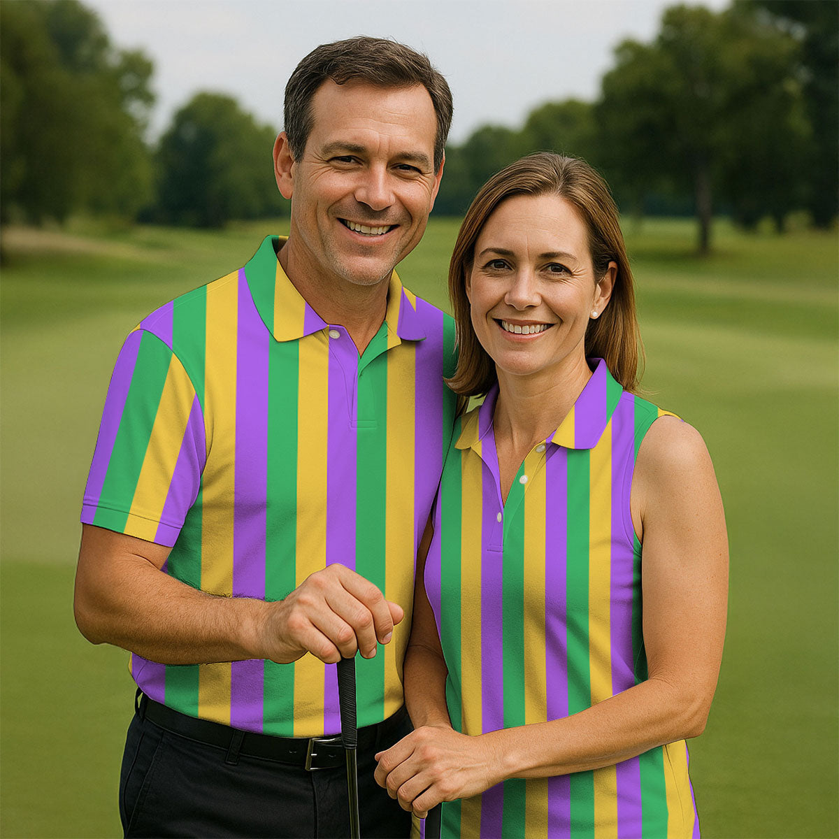 Green Gold Purple Vertical Stripe Mardi Gras Golf Shirt, Polo Shirts For Men, Golf Shirts For Men
