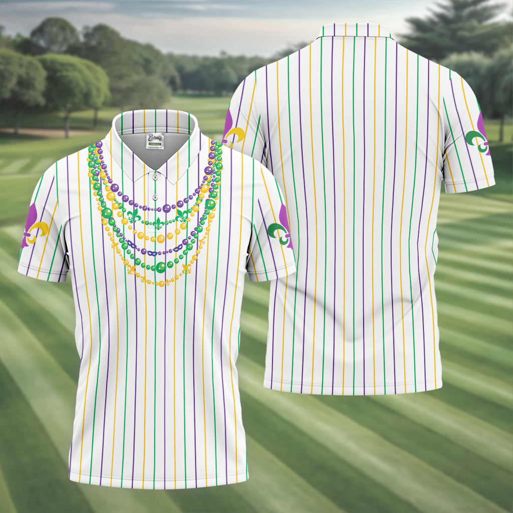 Mardi Gras Beads Necklaces Print White Golf Shirt, Golf Tops For Men, Polo Shirts For Men, Golf Shirts For Men