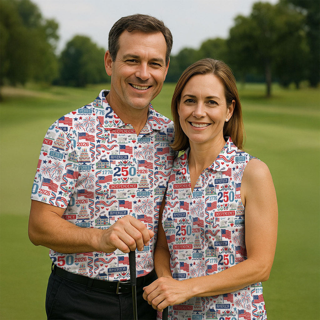 America Independence 250 Years White Golf Shirt, Patriotic 4th Of July Golf Shirts For Men