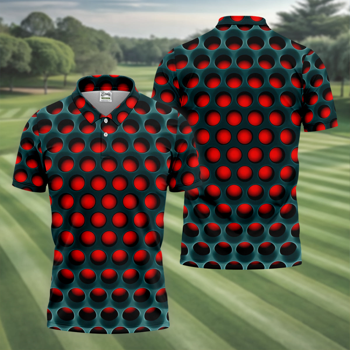 3D Effect Circular Pattern Red Golf Shirt, Cool Golf Outfit, Men's Funny Golf Shirts, Polo Shirts For Men