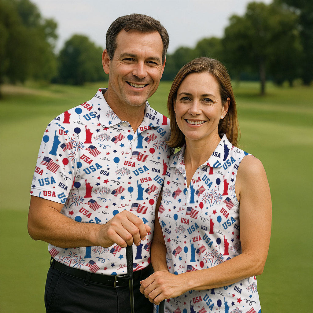 USA Red White Blue Seamless Pattern White Golf Shirt, 250th Anniversary Patriotic 4th Of July Golf Shirts For Men