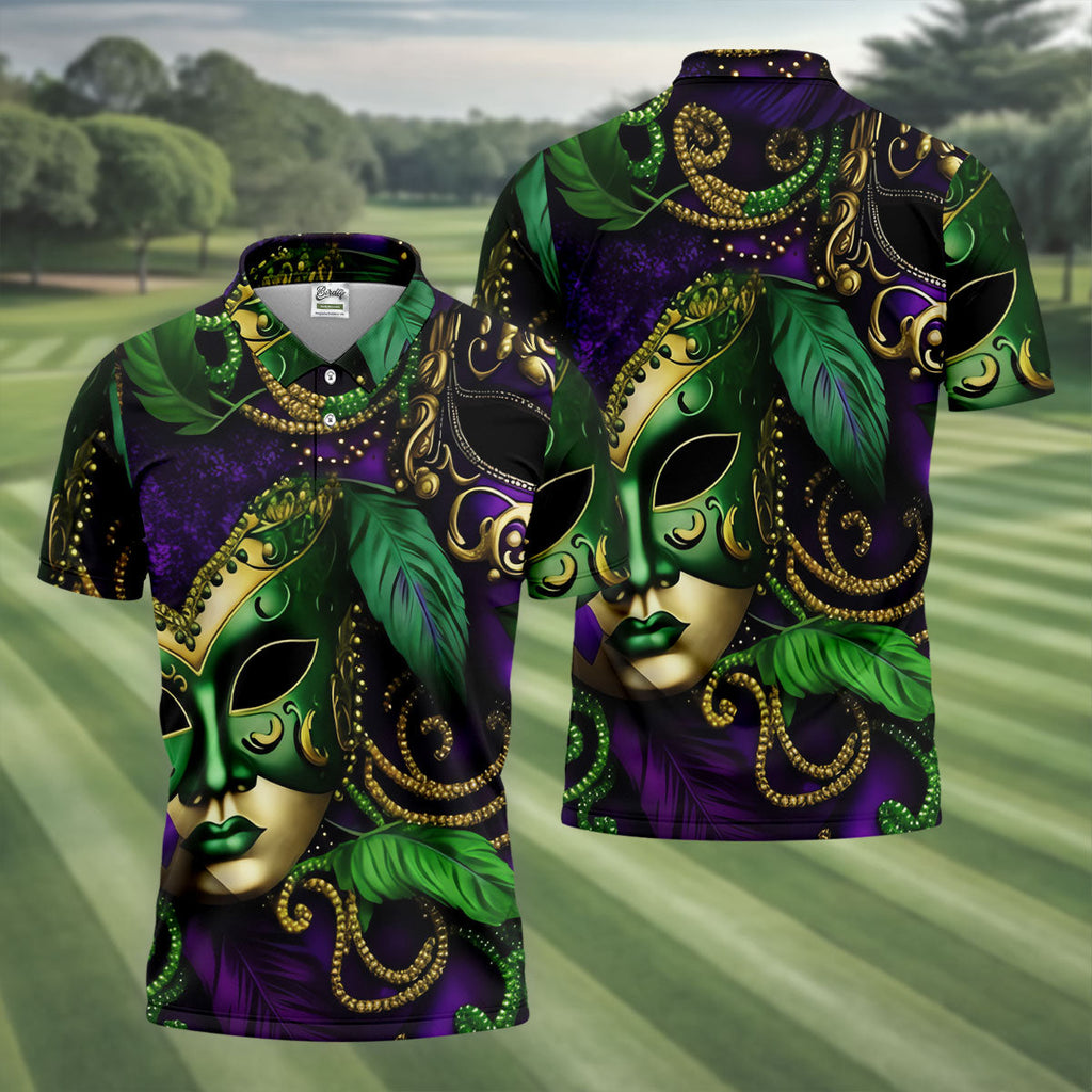 Purple Green Gold Carnival Mask Feather Print Mardi Gras Golf Shirt, Polo Shirts For Men, Golf Shirts For Men