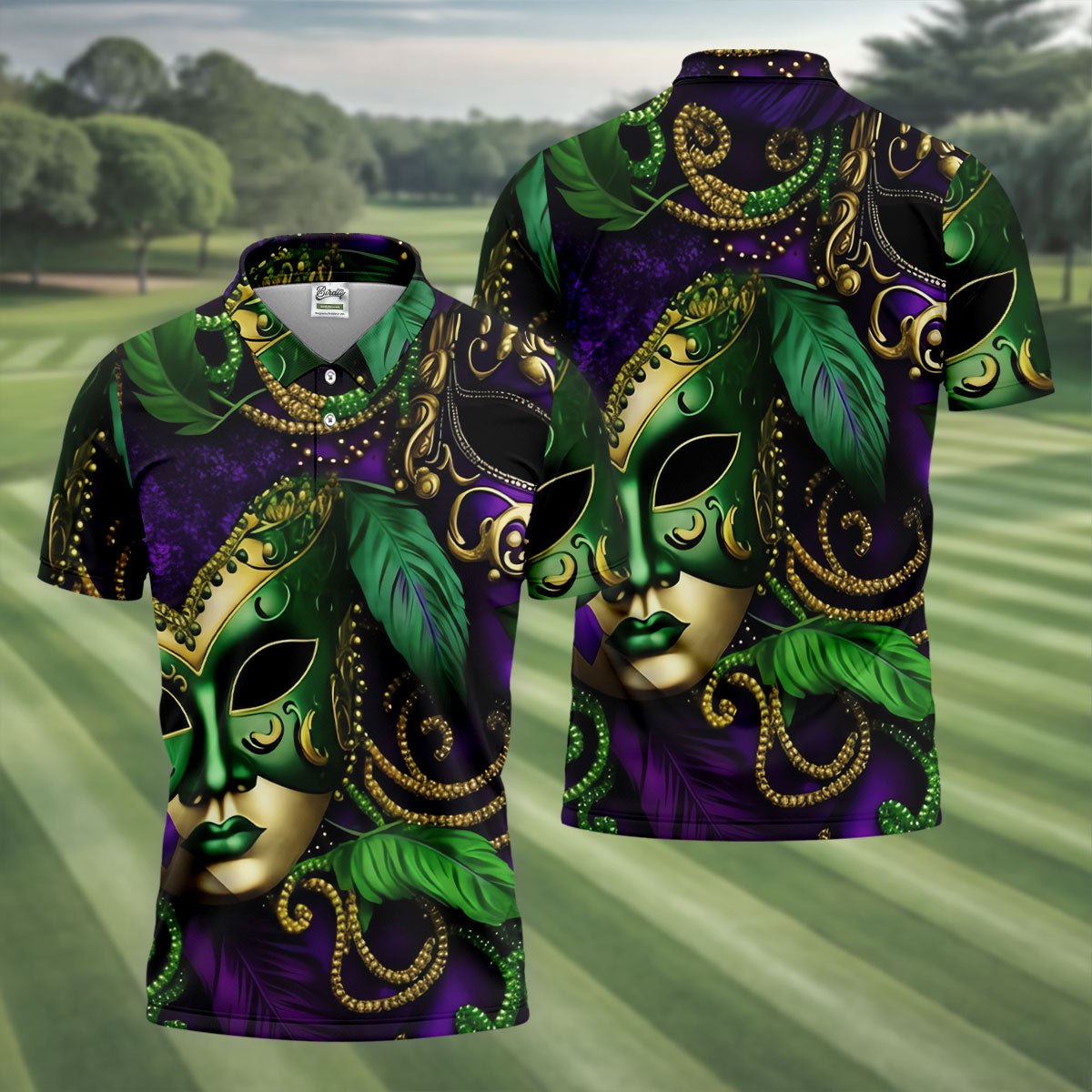 Purple Green Gold Carnival Mask Feather Print Mardi Gras Golf Shirt, Polo Shirts For Men, Golf Shirts For Men