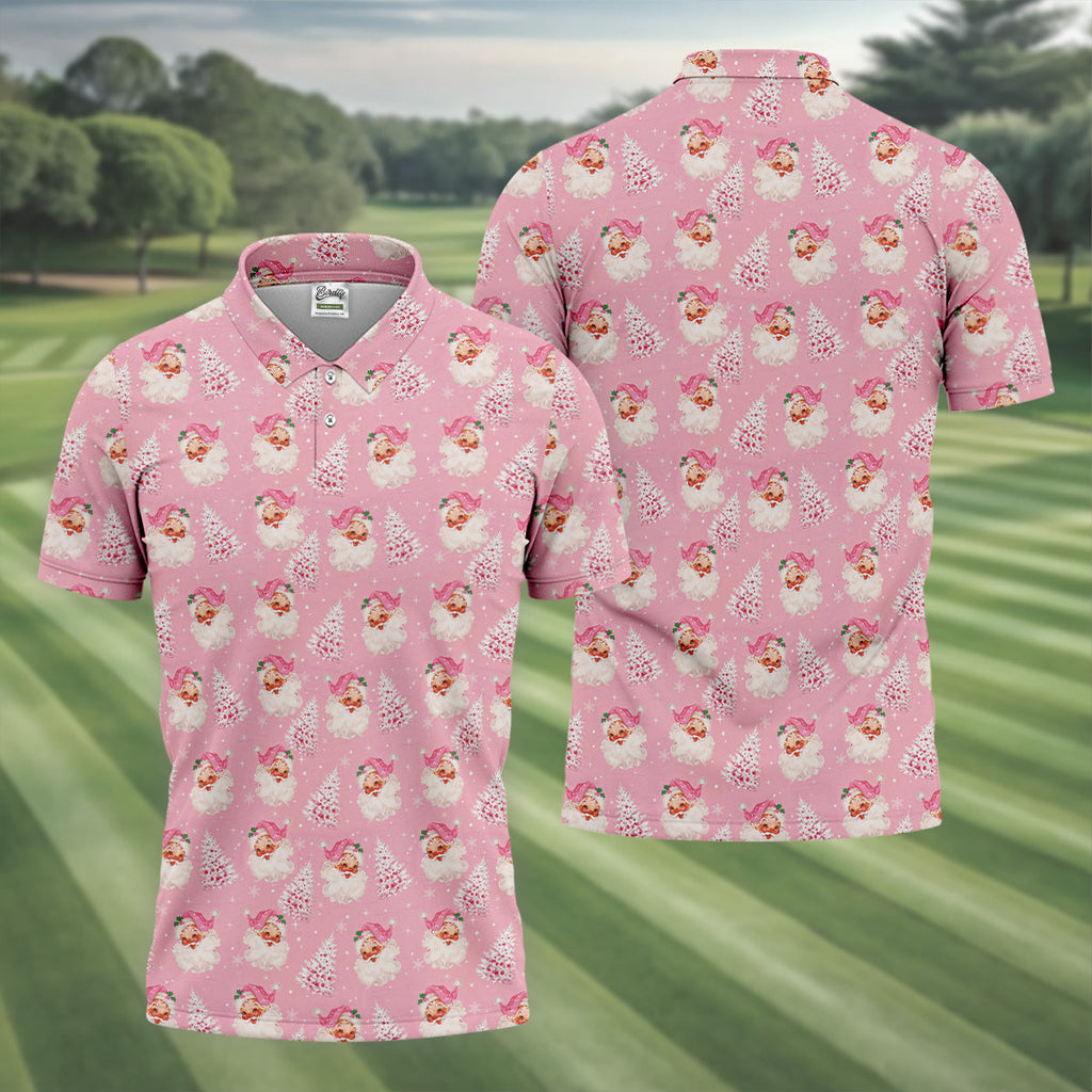 Pink Xmas Tree Santa Claus Pattern Christmas Golf Shirt, Polo Shirts For Men, Golf Gift For Men