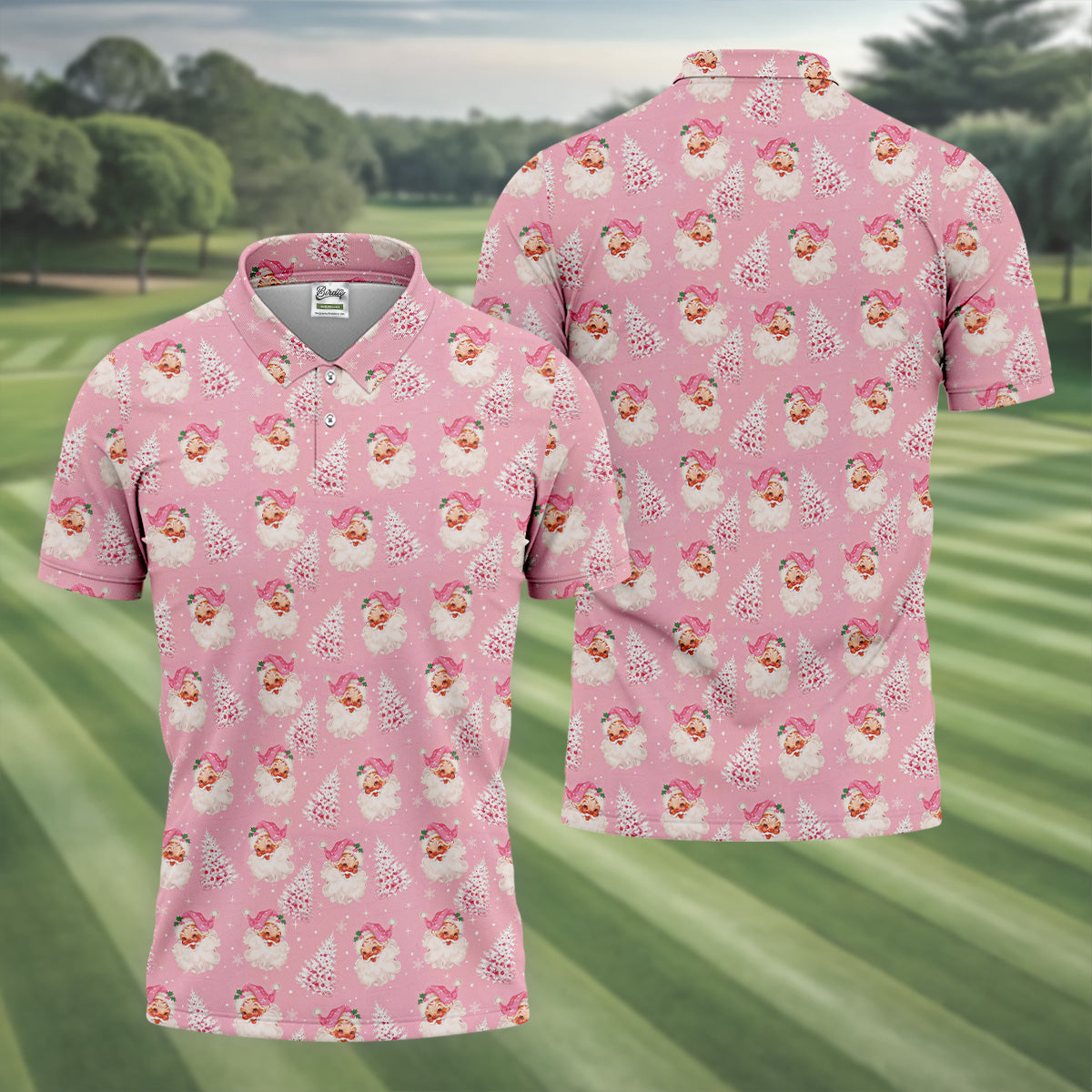 Pink Xmas Tree Santa Claus Pattern Christmas Golf Shirt, Polo Shirts For Men, Golf Gift For Men