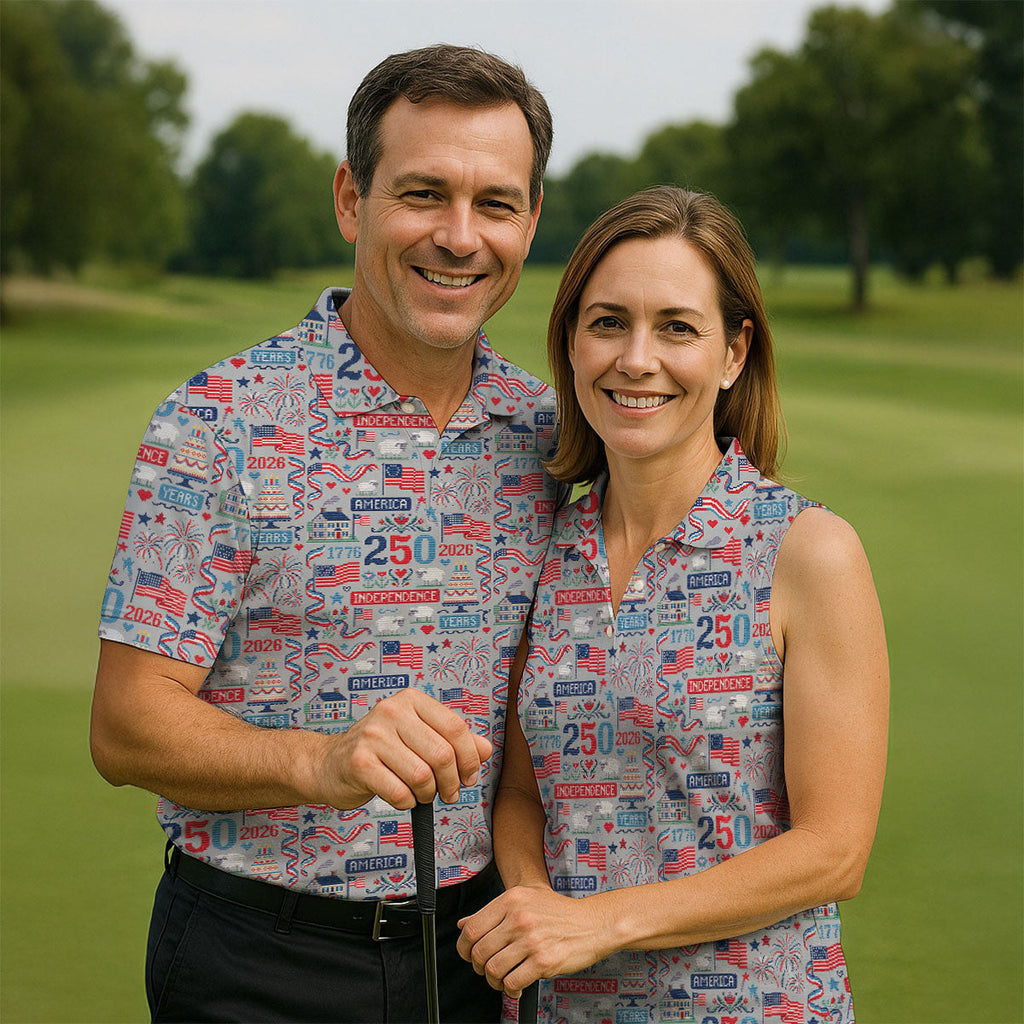America Independence 250 Years Grey Golf Shirt, Patriotic 4th Of July Golf Shirts For Men