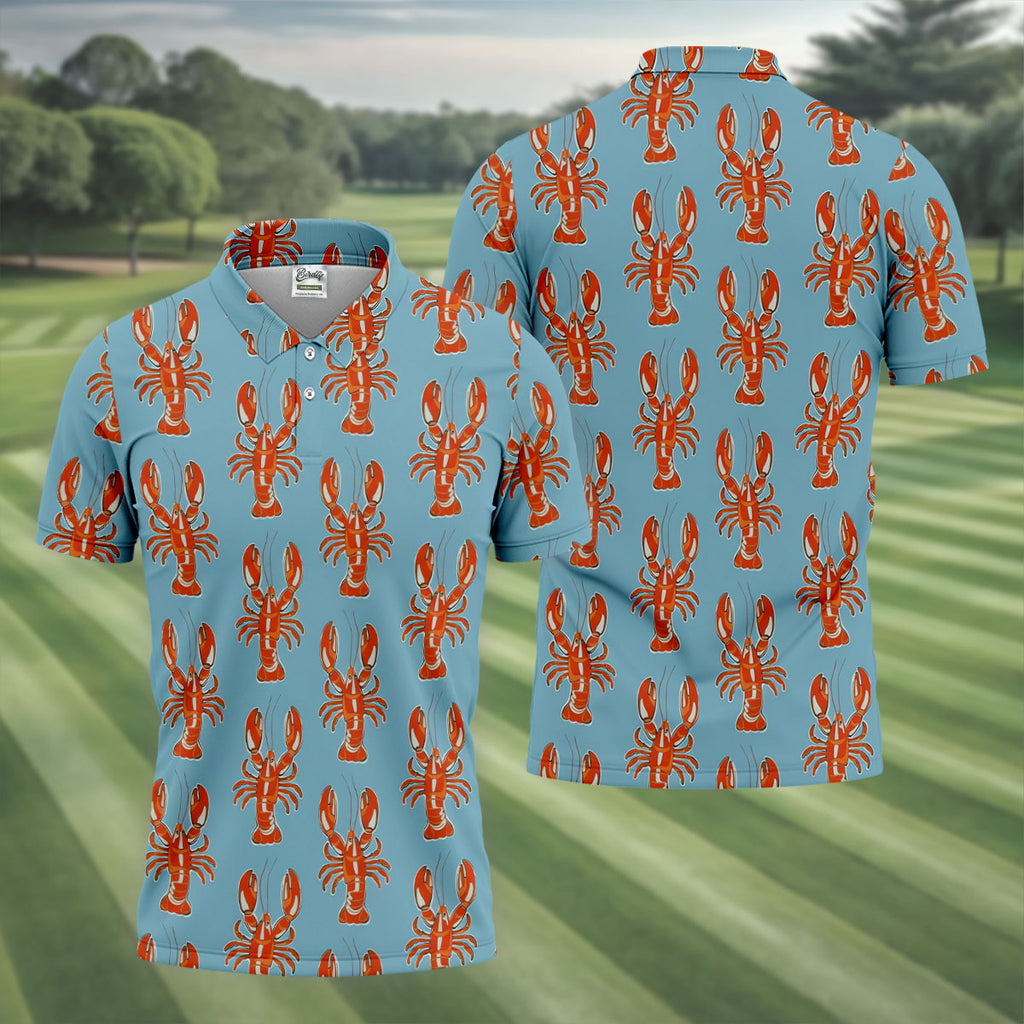 Orange Lobsters Light Blue Mardi Gras Golf Shirt, Golf Tops For Men, Polo Shirts For Men, Golf Shirts For Men