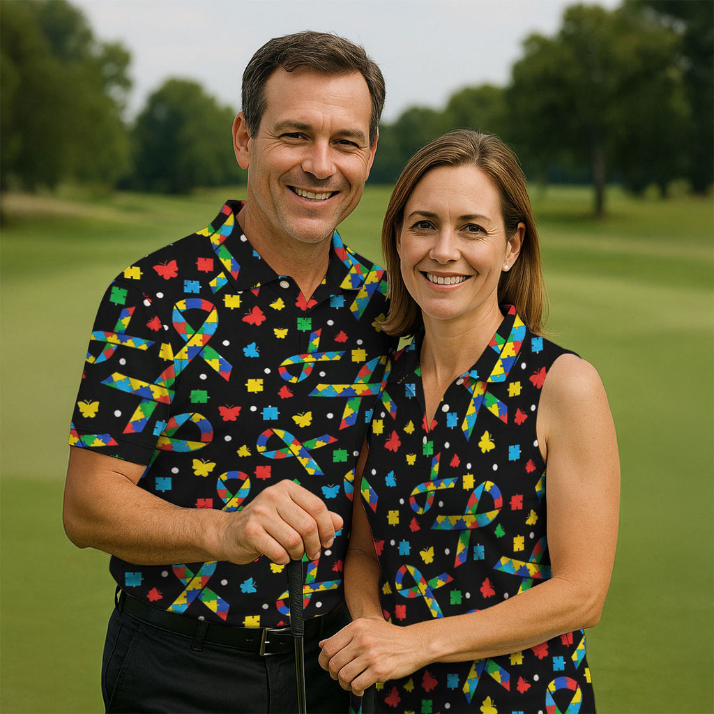 Autism Awareness Ribbon Colorful Butterflies Black Golf Shirt, Golf Tops For Men, Golf Shirts For Men