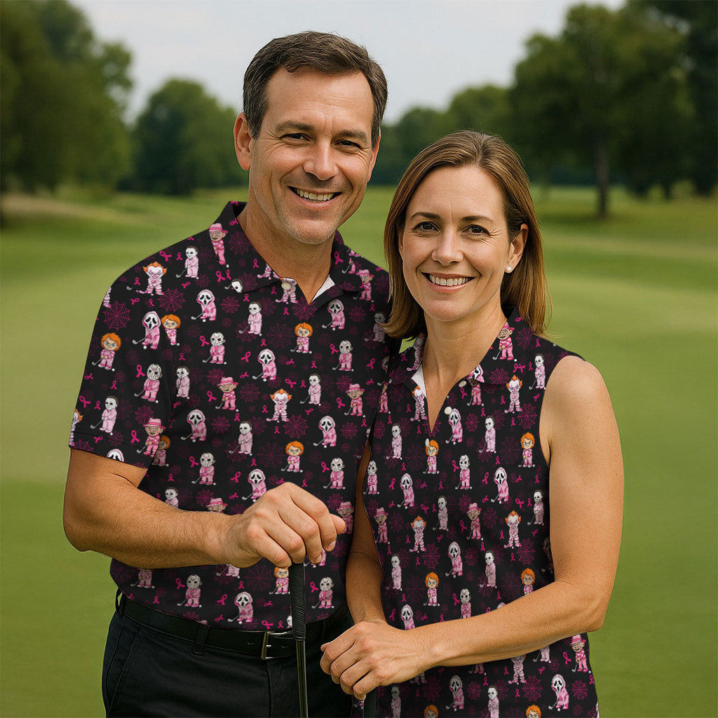 Black Halloween Horror Breast Cancer Polo Shirt, Men's Golf Shirt, Printed Golf Shirts