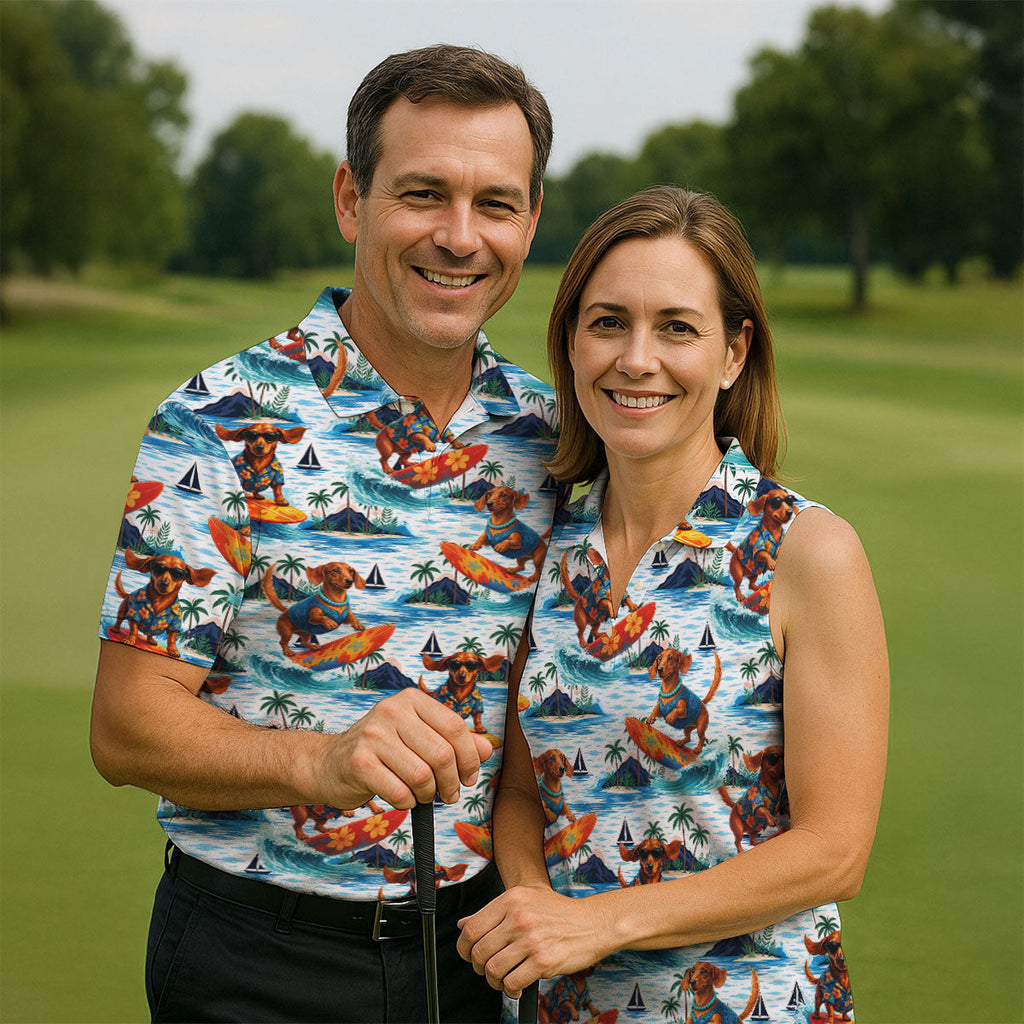 Funny Dachshund Surfing Beach Hawaiian Golf Shirt, Summer Vibe Golf Shirts For Men
