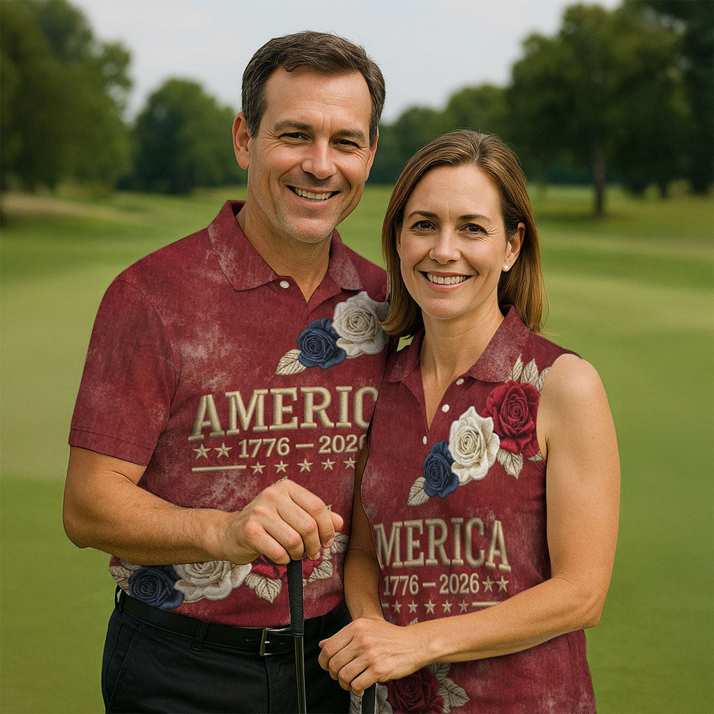 America 1776-2026 Patriotic Roses Vintage Golf Shirt, 250 Years 4th Of July Golf Shirts For Men