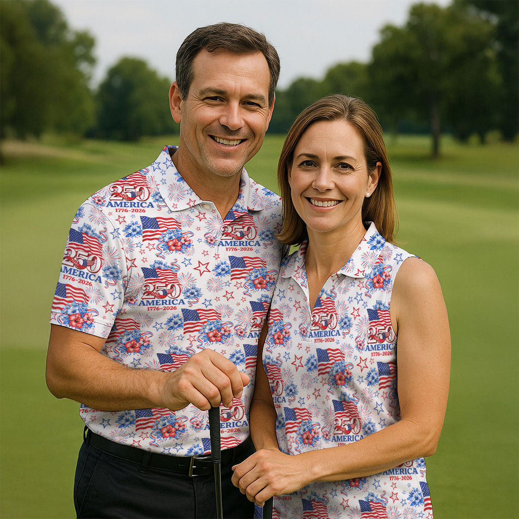 250 Years America 1776-2026 Hibiscus Tropical Flowers 4th Of July Golf Shirt, Golf Shirts For Men