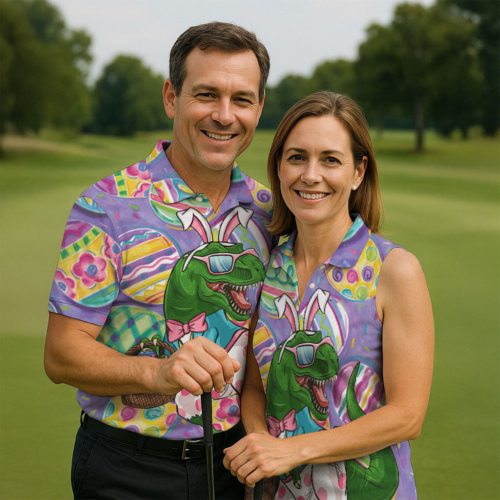 T-Rex Bunny Painted Easter Eggs Golf Shirts For Men, Men's Funny Golf Shirts, Polo Shirts For Men