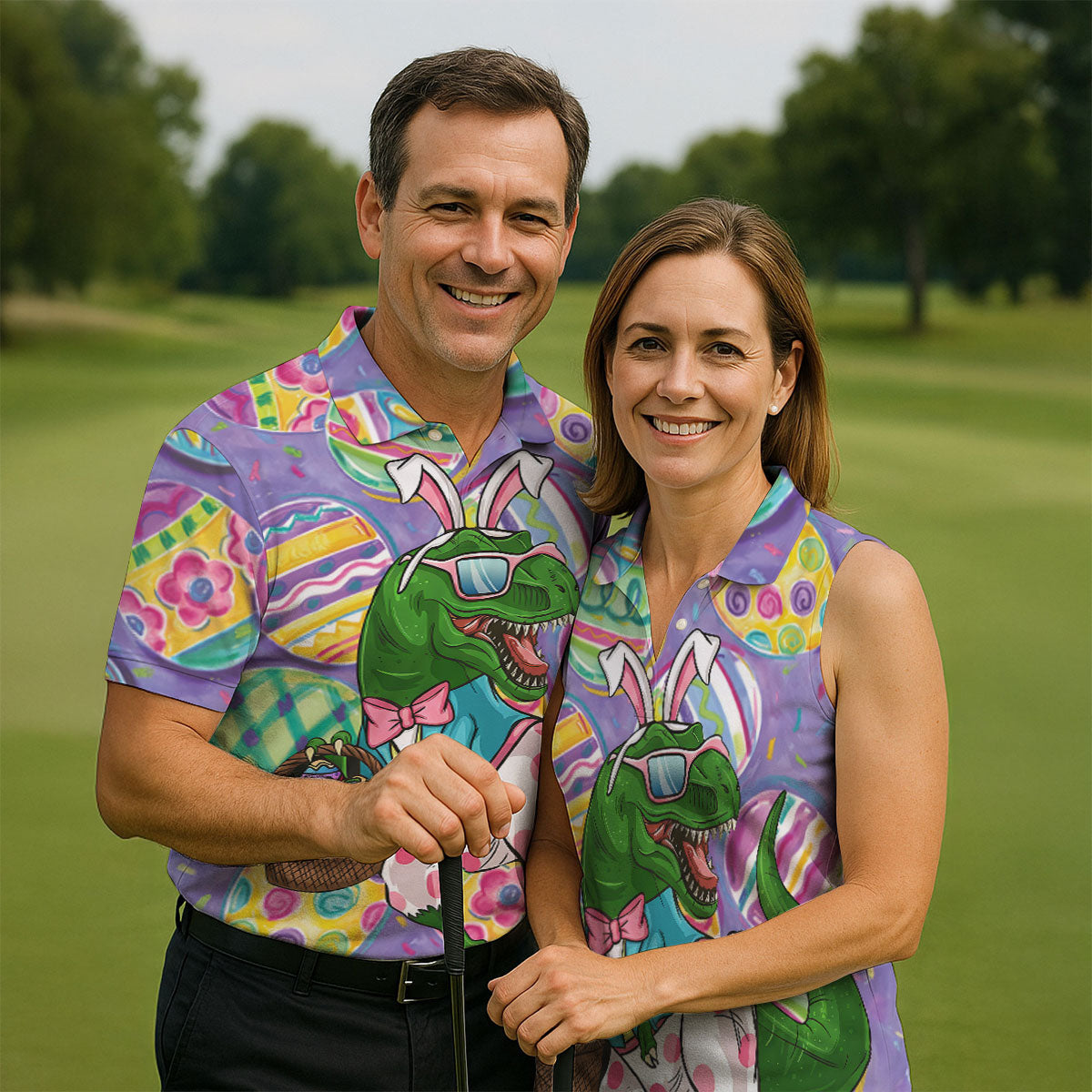 T-Rex Bunny Painted Easter Eggs Golf Shirts For Men, Men's Funny Golf Shirts, Polo Shirts For Men