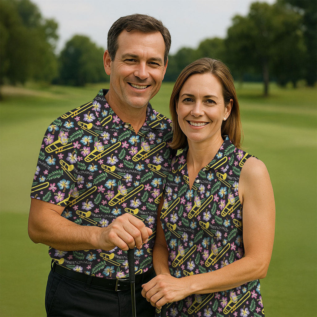 Trombones Floral Tropical Vibe Golf Tops For Men, Polo Shirts For Men, Golf Shirts For Men