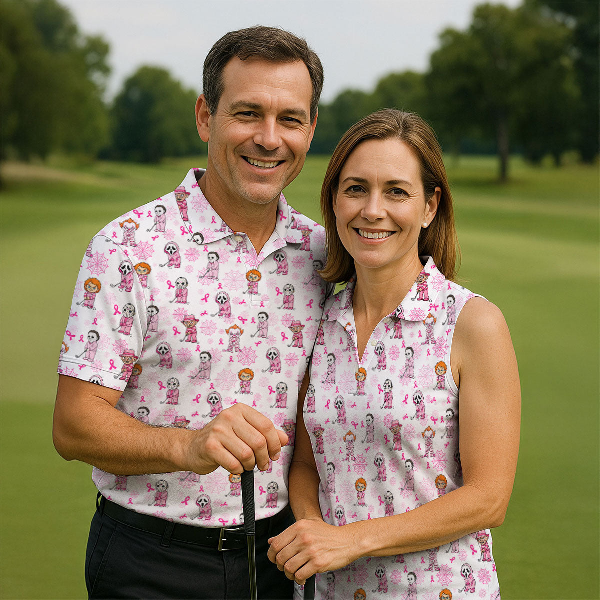 Halloween Horror Character Breast Cancer Polo Shirt, Ladies Golf Tops, Printed Golf Shirt