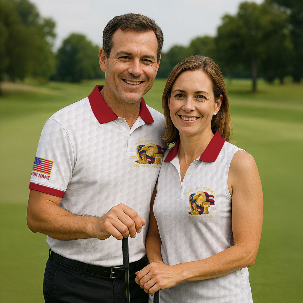 United States 250th Anniversary Patriotic Eagle White Custom Golf Shirts, 4th Of July Golf Shirts For Men
