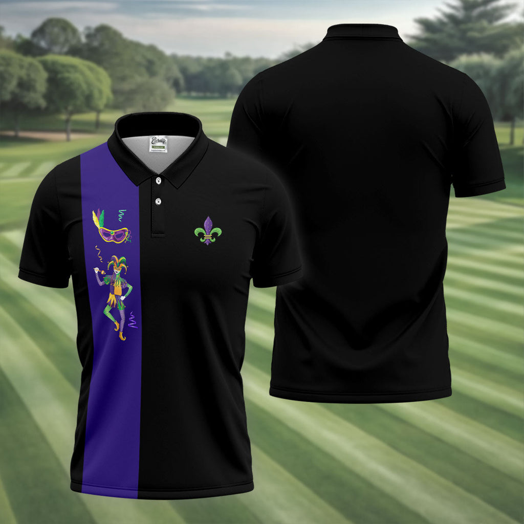 Mardi Gras Festival Jester Figure Fleur De Lis Symbol Black Golf Shirt, Polo Shirts For Men, Golf Shirts For Men