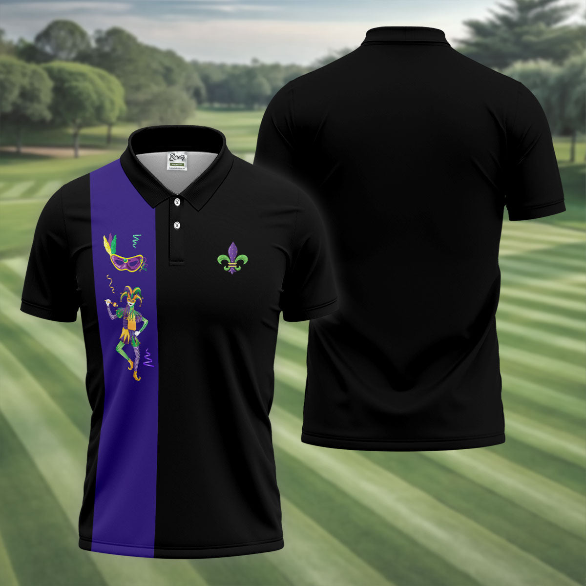 Mardi Gras Festival Jester Figure Fleur De Lis Symbol Black Golf Shirt, Polo Shirts For Men, Golf Shirts For Men