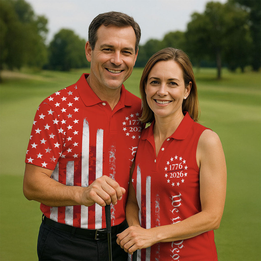 We The People Distressed Flag Patriotic Red Golf Shirt, 250 Years 4th Of July Golf Shirts For Men