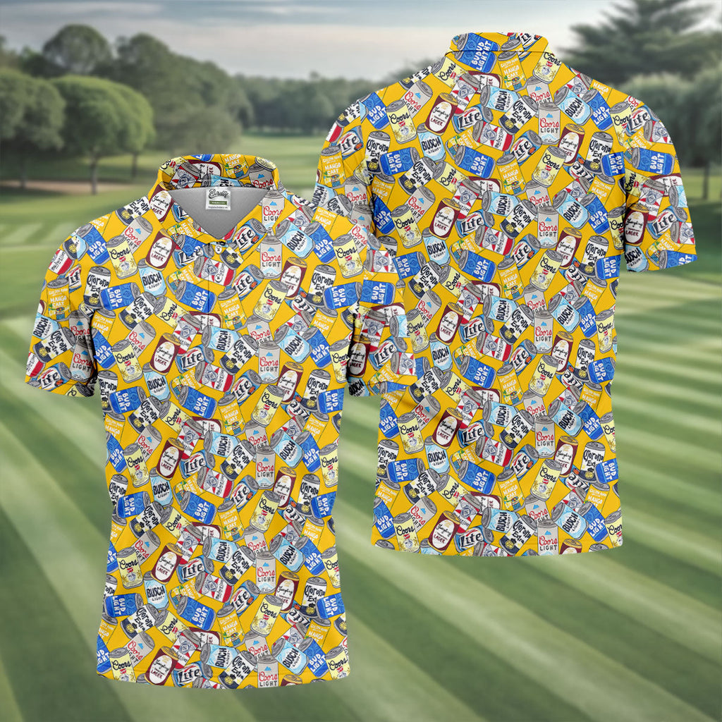 American Beer Cans Yellow Golf Shirt, Golf And Beer Polo ShirtFor Men, Golf Shirts For Men