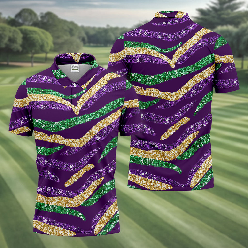 Purple Green Gold Sequin Pattern Purple Golf Shirt, Mardi Gras Golf Shirt, Polo Shirts For Men