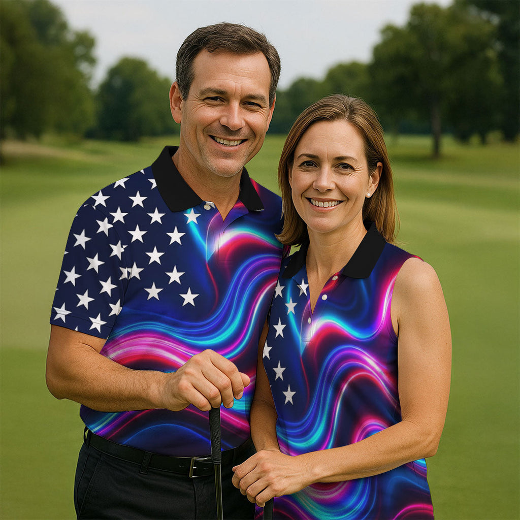 Star Pattern Neon Color Wavy Stripes 250th Anniversary, Patriotic 4th Of July Golf Shirts For Men