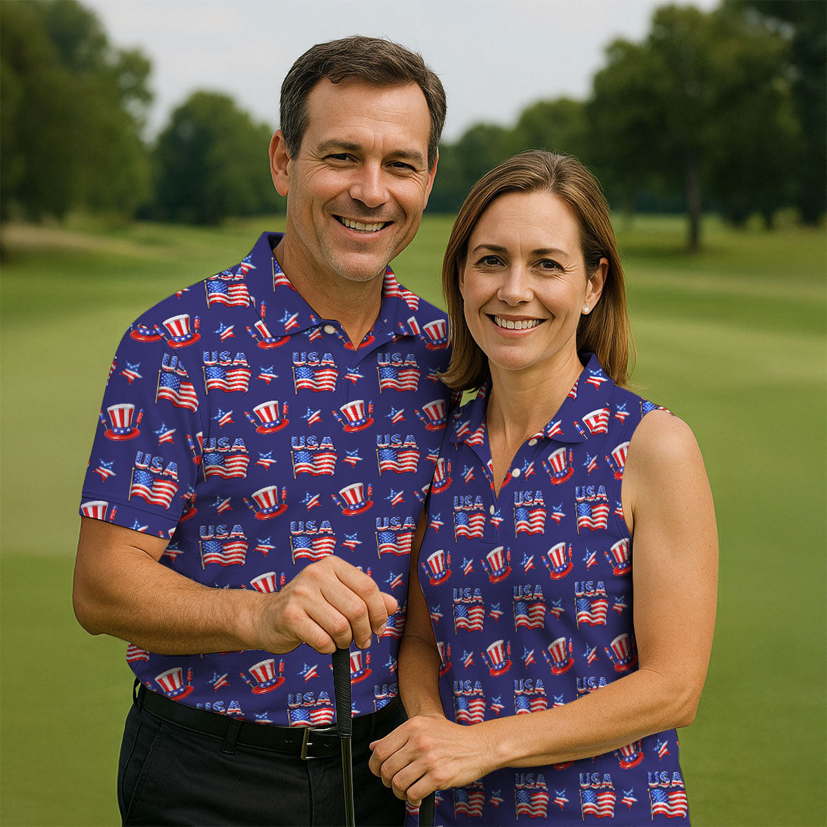 Waving Flags Uncle Sam Hats Seamless Pattern 250th Anniversary Golf Shirts For Men, Patriotic Golf Shirt