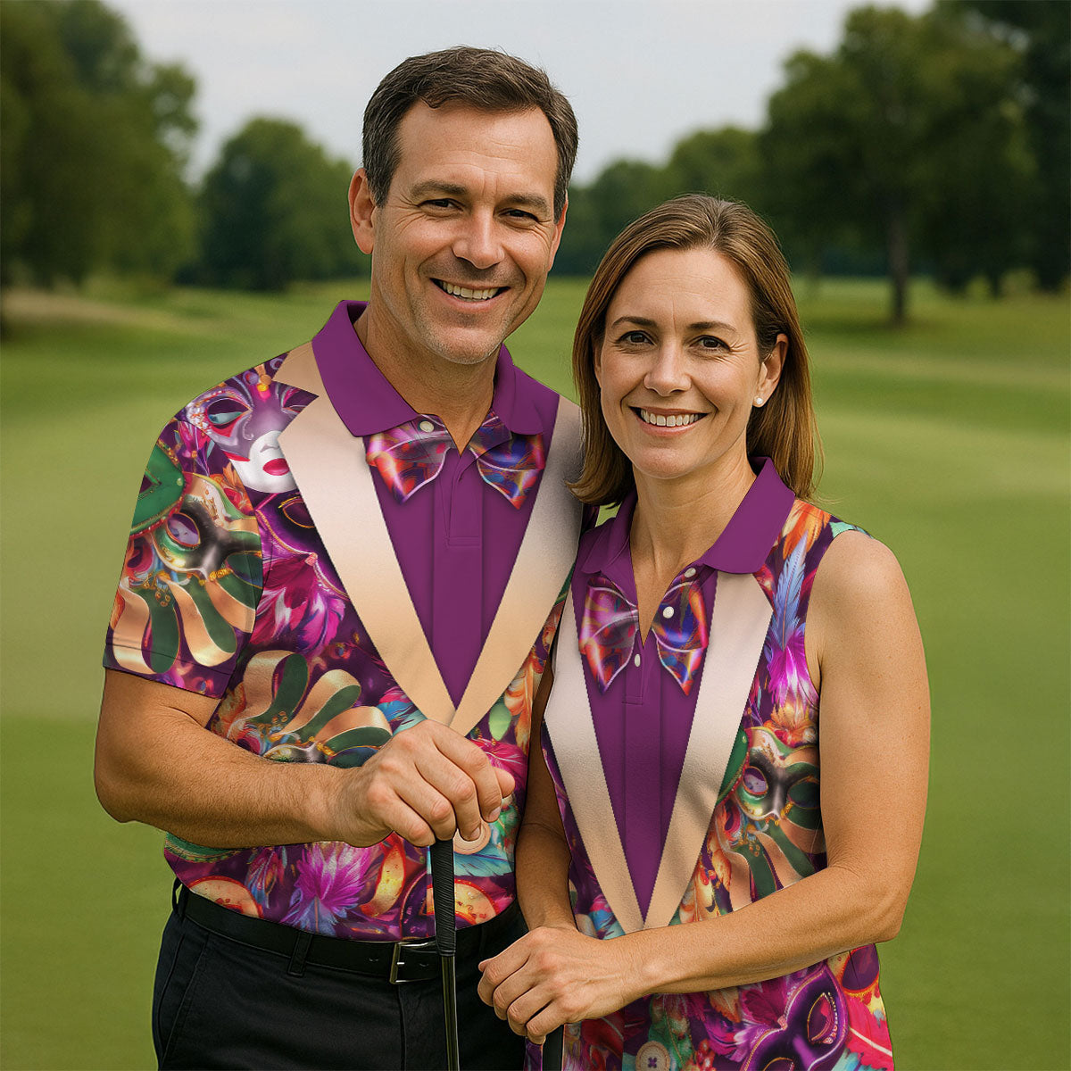 Colorful Mardi Gras Suit Print Men's Funny Golf Shirts, Polo Shirts For Men, Golf Shirts For Men