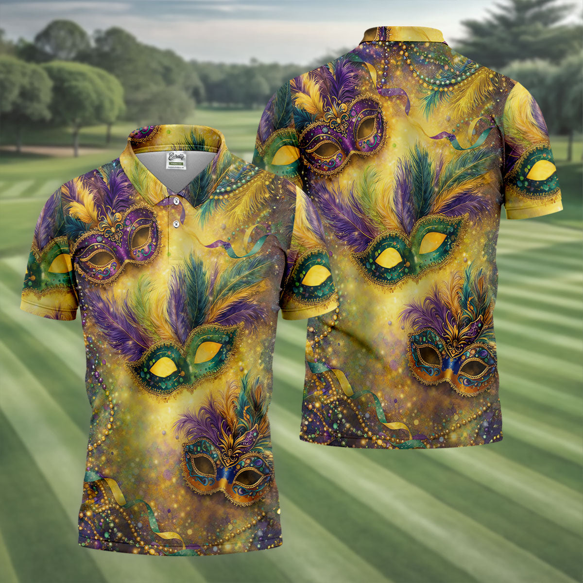 Masquerade Mask Beads Chain Sparkling Effect Mardi Gras Golf Shirt, Polo Shirts For Men, Golf Shirts For Men