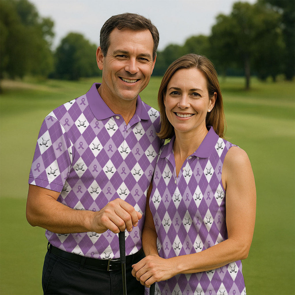 Pancreatic Cancer Purple And White Argyle Pattern Ladies Golf Shirts, Cancer Awareness Shirt
