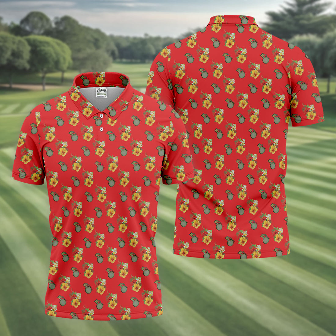 Hibiscus Flowers Green Grenades Seamless Pattern Red Golf Shirt, Golf Tops For Men, Golf Shirts For Men