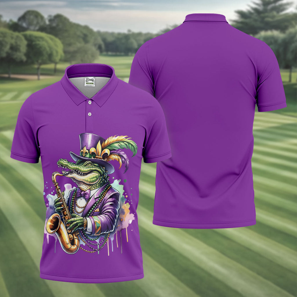 Mardi Gras Alligator Playing Saxophone Purple Golf Shirt, Golf Shirts For Men, Polo Shirts For Men