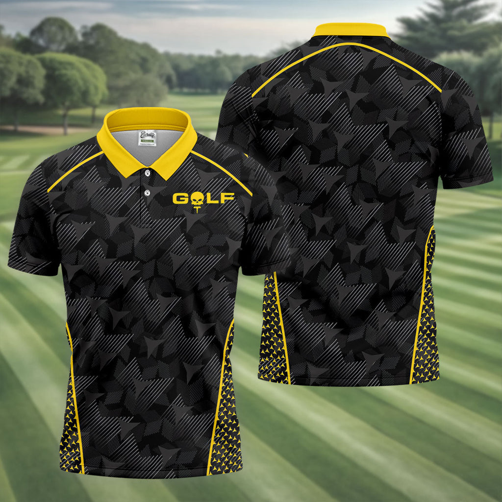 Abstract Triangle Black Yellow Golf Tops For Men, Father's Day Golf Gift, Polo Shirts For Men
