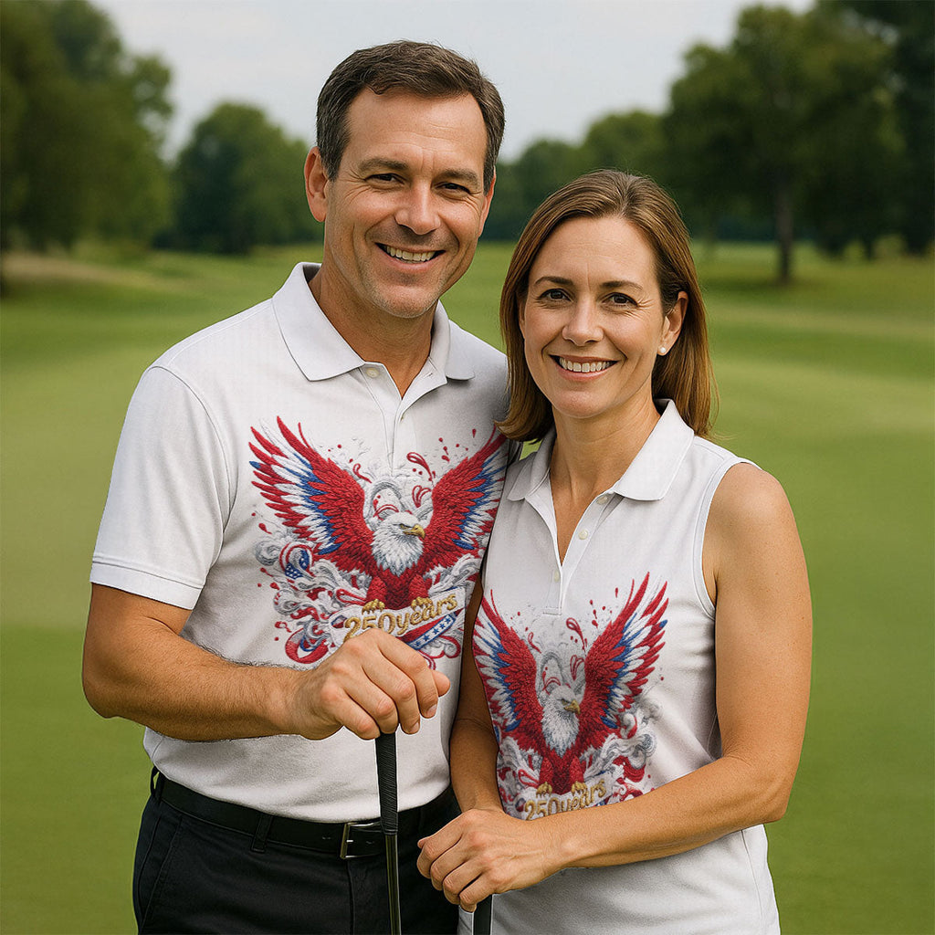 US Bald Eagle Embroidery Effect Patriotic Golf Shirt, 4th Of July Golf Shirt, 250th Anniversary Polo Shirts For Men