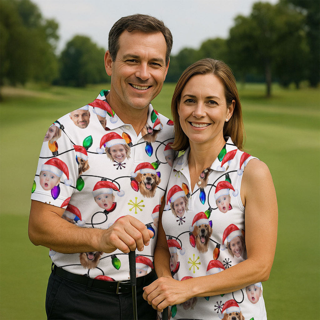 Custom Family Portrait Christmas Lights Pattern Men's Golf Polo Shirts, Christmas Golf Shirt, Golf Gift For Men