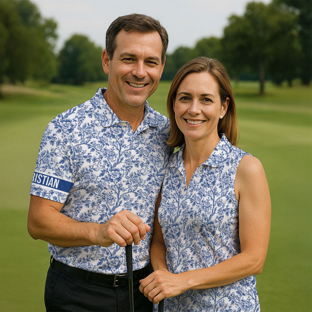 Toile De Jouy Blue Golf Shirt, Golf Tops For Men, Polo Shirts For Men, Golf Gift For Men, Golf Shirts For Men