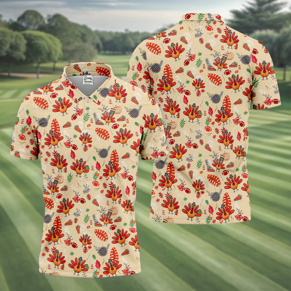 Funny Turkey Hawaiian Pattern Thanksgiving Golf Tops For Men, Fun Golf Shirts For Men, Polo Shirts For Men