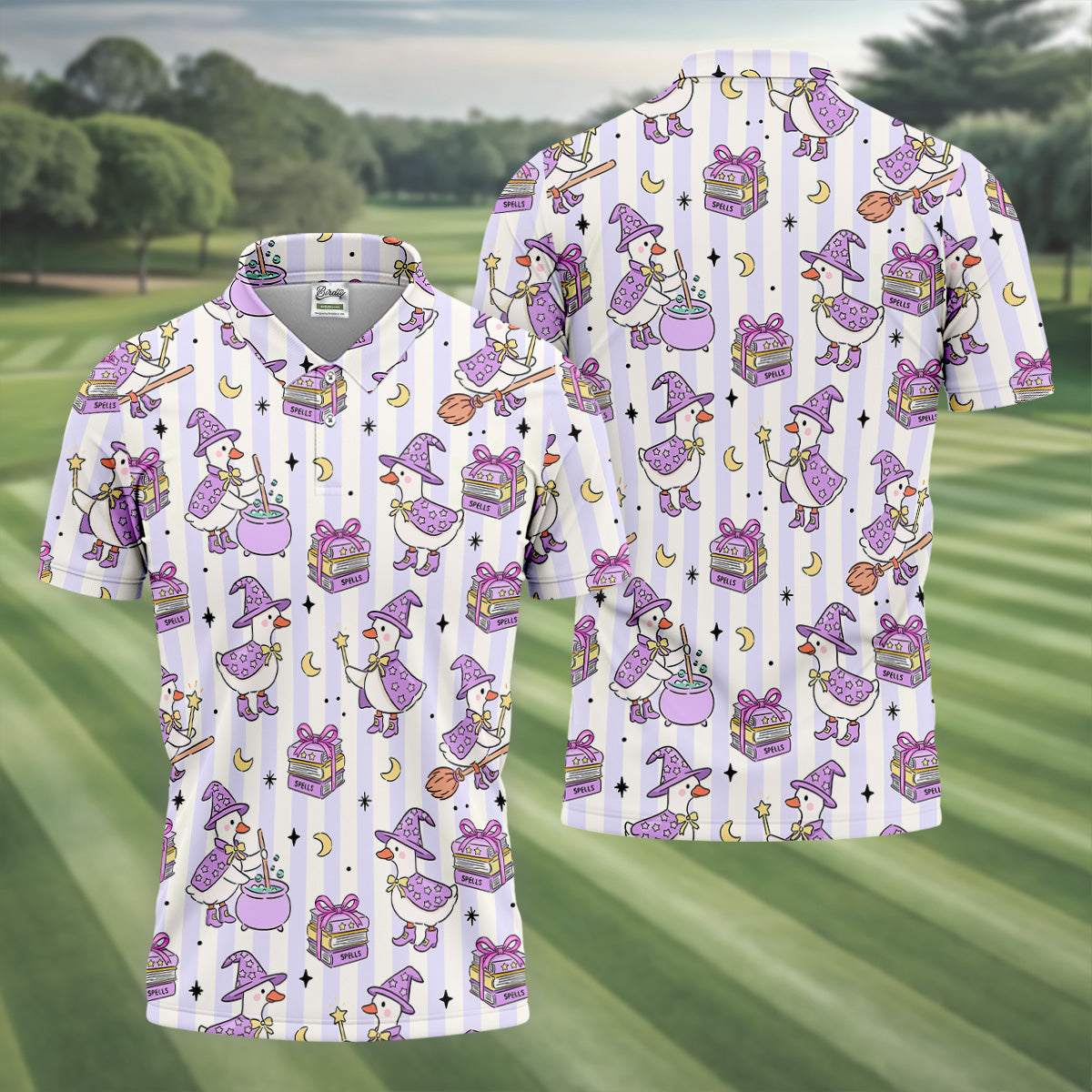 Halloween Witch Goose Purple Pastel Fun Golf Shirts For Men, Polo Shirts For Men, Golfing Apparel